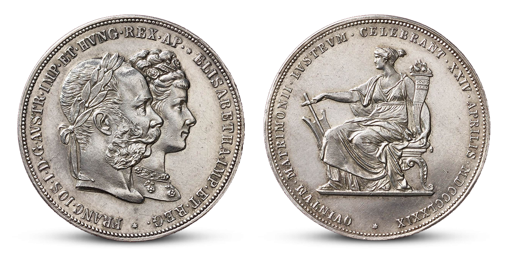 25. výročie svadby Františka Jozefa I. a Sissi na originálnej historickej minci zo striebra 900/1000