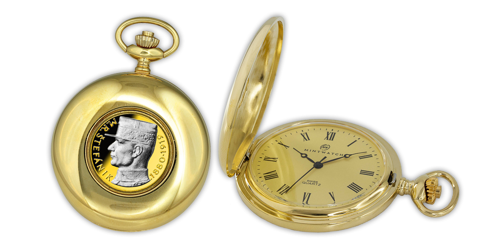 Vreckové hodinky s mincou M.R. Štefánik zušľachtené 24-karátovým zlatom