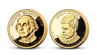 Prezidentské doláre G. Washington a J. F. Kennedy - mince zušľachtené rýdzim zlatom