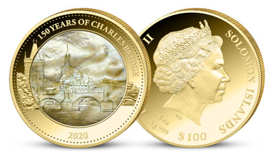 Karlov most na minci z rýdzeho zlata s perleťou