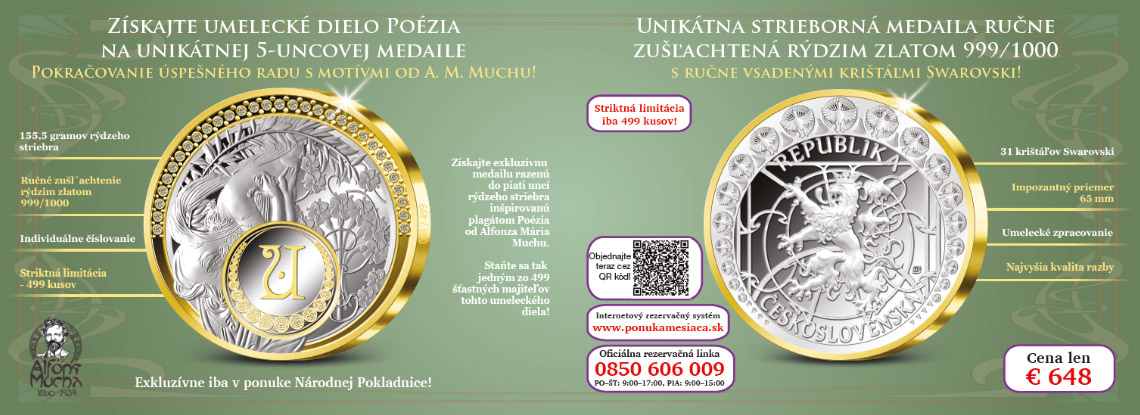 Výnimočná medaila Alfons Mucha - Poézia z 5 uncí rýdzeho striebra ručne zušľachtená rýdzim zlatom