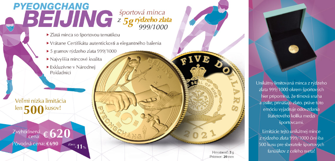 Minca Pyeongchang-Beijing z 5 g rýdzeho zlata 999/1000