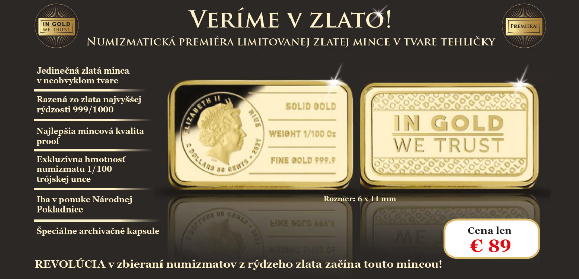 Zlatá minca In gold we trust v tvare tehličky