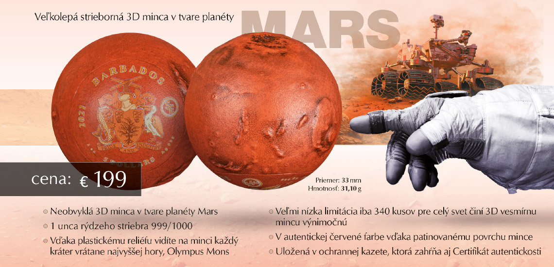 Strieborná minca v tvare planéty Mars v jednej unci rýdzeho striebra
