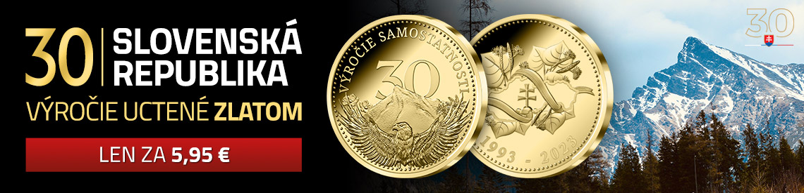 Rýdzim zlatom zušľachtená pamätná medaila 30. výročie samostatnosti Slovenska len za 5,95 €