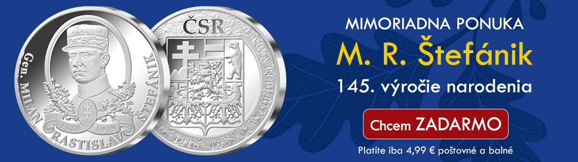 Mimoriadna ponuka - pamätná medaila M. R. Štefánik ZADARMO! Platíte iba poštovné a balné 4,99 €.