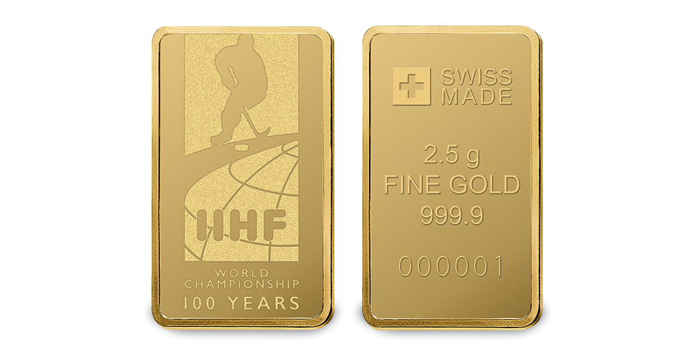 Zlatý 2,5 gramov ingot s tematikou IIHF ku 100. výročie prvého zápasu Zlatý 2,5 gramov ingot s tematikou IIHF ku 100. výročie prvého zápasu
