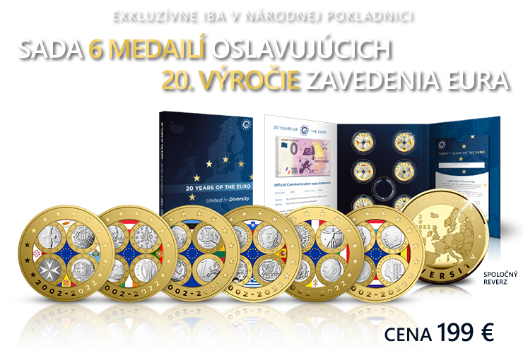 Sada 6 medailí oslavujúcich 20. výročie od zavedenie eura