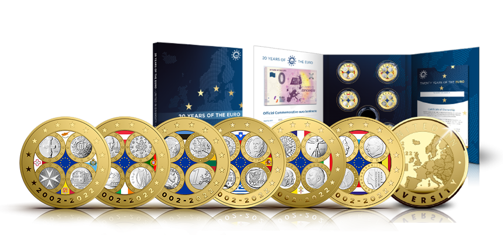 Sada 6 pamätných medailí vyrazených k 20. výročiu eura