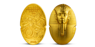 Tutankhamun strieborná minca v tvare Tutanchámonovej masky 