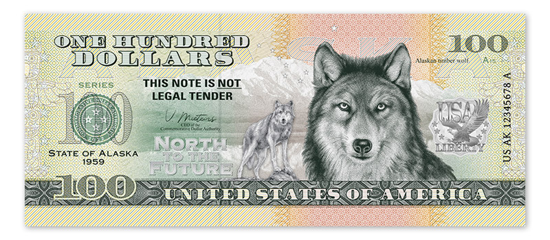 Vlk kanadský na exkluzívnej 100 souvenir dollar bankovke