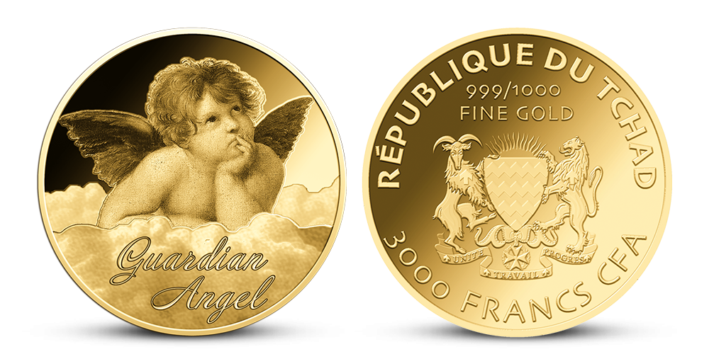 Anjel strážny a minca z rýdzeho zlata 999/1000 