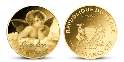 Anjel strážny a minca z rýdzeho zlata 999/1000 