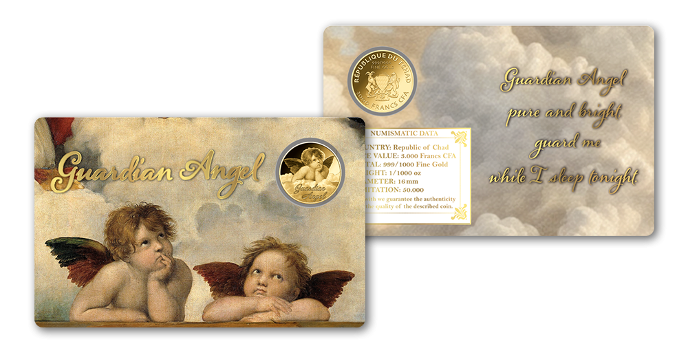 Anjel strážny a minca z rýdzeho zlata 999/1000 