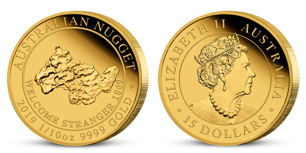 Austrálsky zlatý nuget na minci z rýdzeho zlata