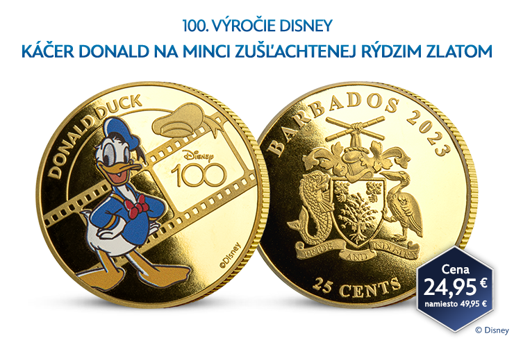 Káčer Donald na minci zušľachtenej rýdzim zlatom
