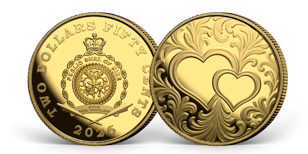 Dve srdcia a minca z 0,50 g rýdzeho zlata 999/1000