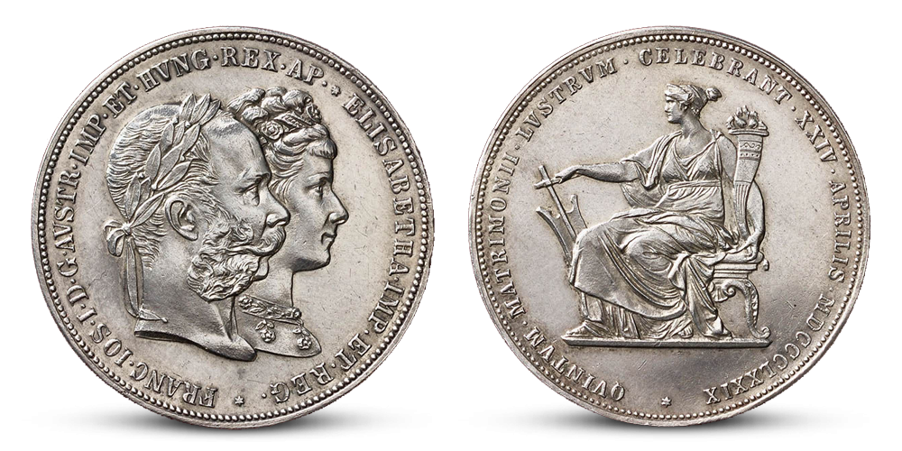 25. výročie svadby Františka Jozefa I. a Sissi na originálnej historickej minci zo striebra 900/1000 25. výročie svadby Františka Jozefa I. a Sissi na originálnej historickej minci zo striebra 900/1000