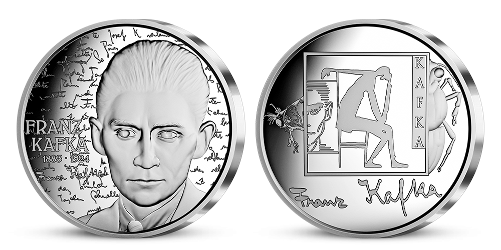 Franz Kafka na pamätnej medaile z 1 oz rýdzeho striebra