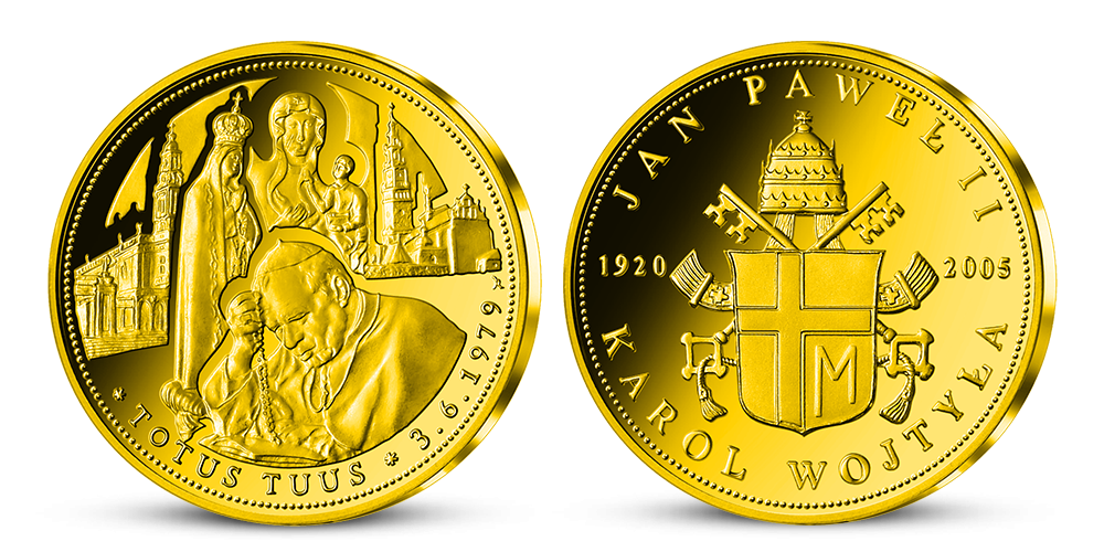 Pápež Ján Pavol II. - Totus Tuus na zlatej medaile 