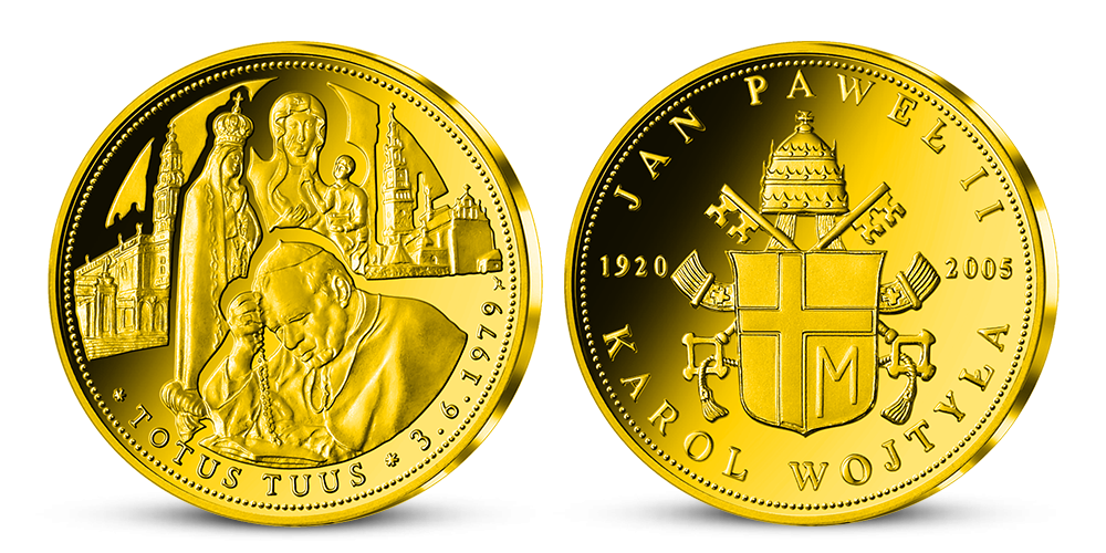 Pápež Ján Pavol II. - Totus Tuus na zlatej medaile Pápež Ján Pavol II. - Totus Tuus na zlatej medaile