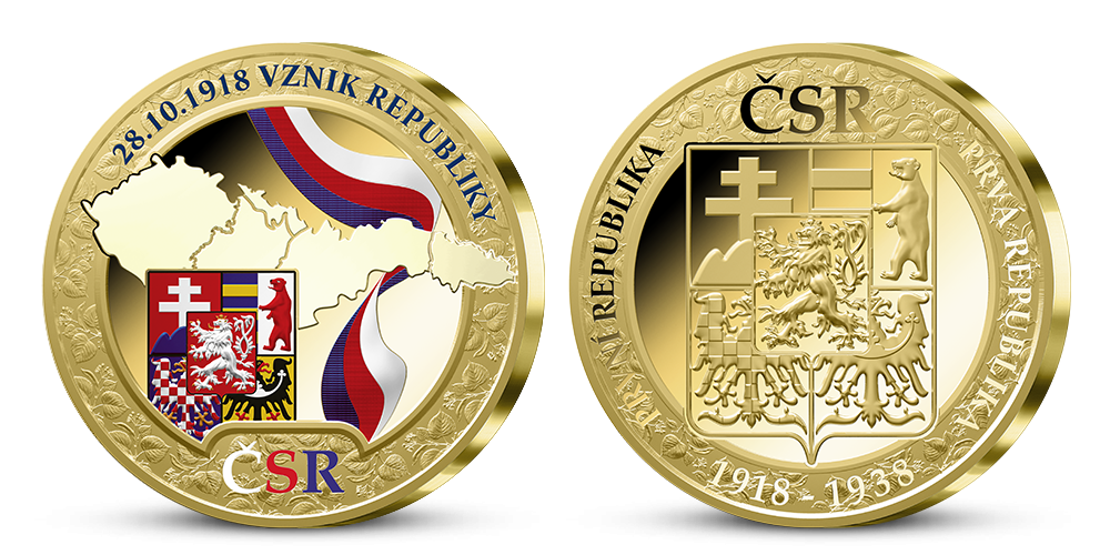 Medaila Vznik republiky zušľachtená rýdzim zlatom a precízne kolorovaná