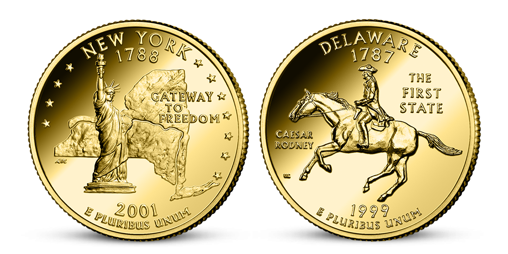 New York, Delaware - Štvrťdolárové mince zušľachtené rýdzim zlatom