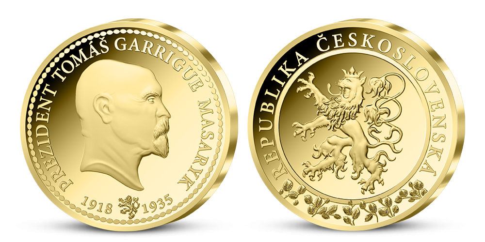 Tomáš Garrigue Masaryk na pamätnej medaile zušľachtenej rýdzim zlatom