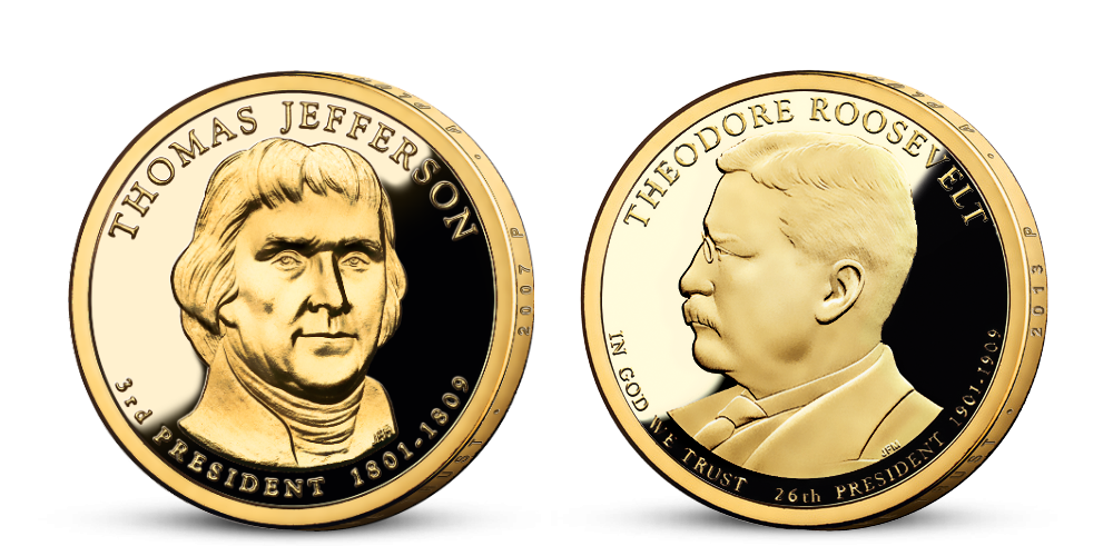 Prezidentské doláre T. Jefferson a T. Roosevelt