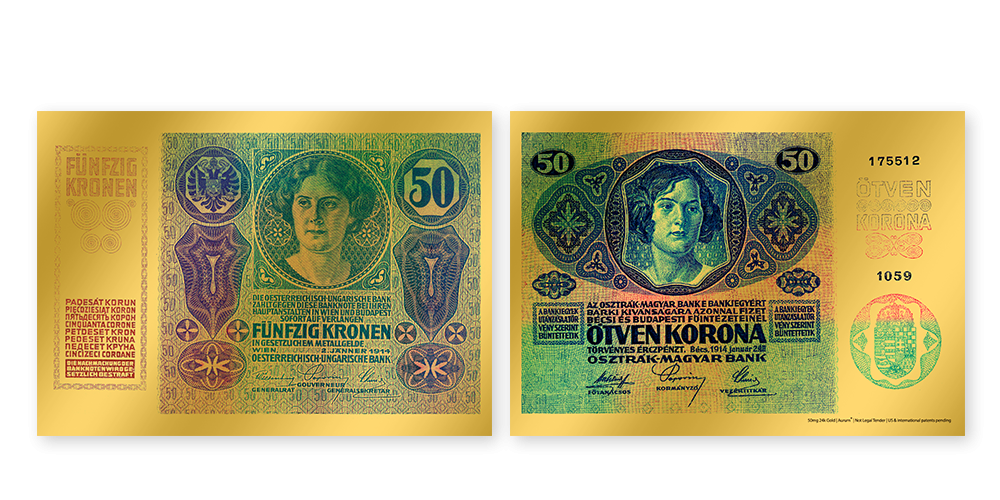 Kolekcia: Rakúsko-uhorské bankovky - 50 K z rýdzeho zlata 999/1000