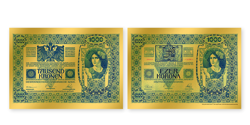 Zlatá replika slávnej bankovky 1000 K z roku 1902 z rýdzeho zlata 999/1000