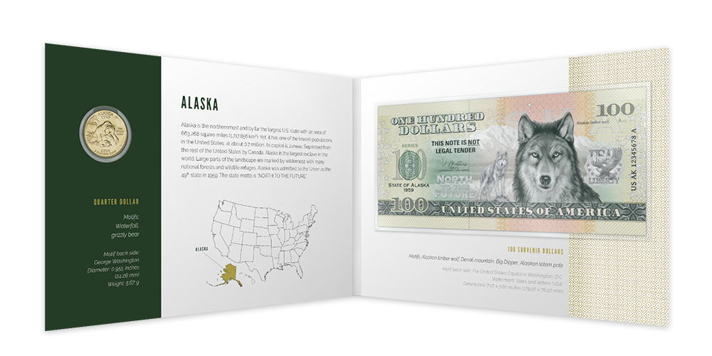 Alaska - originálna minca zušľachtená zlatom a zberateľská bankovka s fluorescenčným efektom