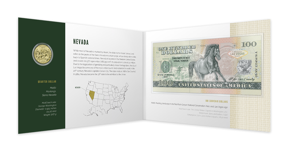 Nevada - originálna minca zušľachtená zlatom a zberateľská bankovka s fluorescenčným efektom