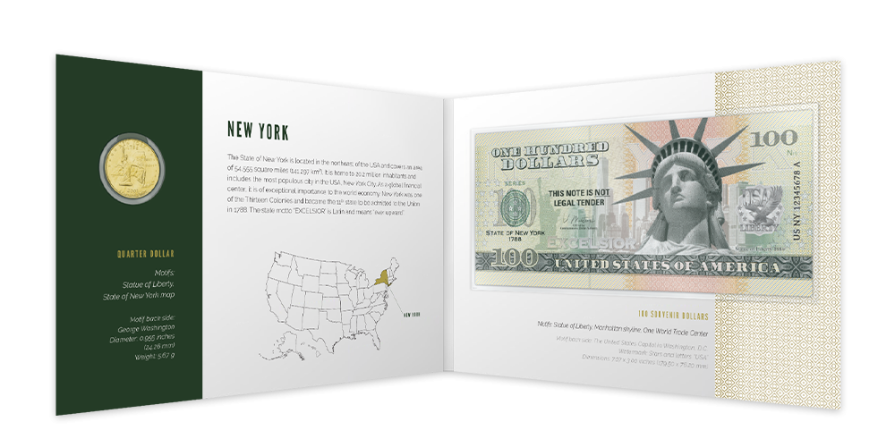 New York - originálna minca zušľachtená zlatom a zberateľská bankovka s fluorescenčným efektom