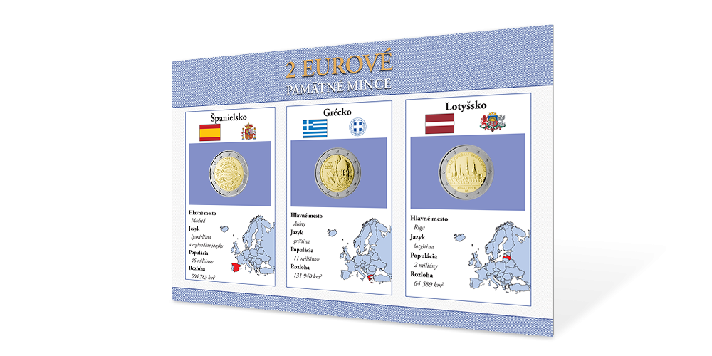 Sada pamätných euromincí - Lotyšsko 2014, Grécko 2014, Španielsko 2012