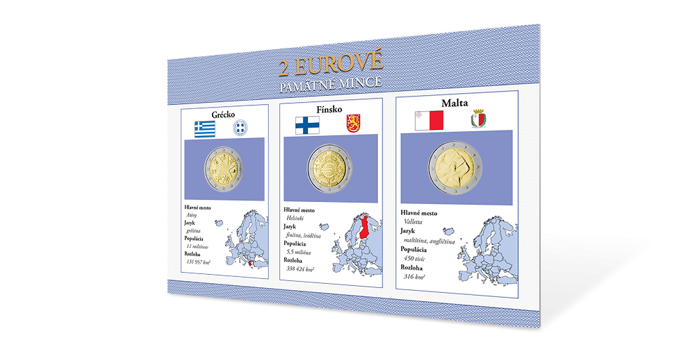 Sada pamätných euromincí - Malta 2014, Fínsko 2012, Grécko 2014