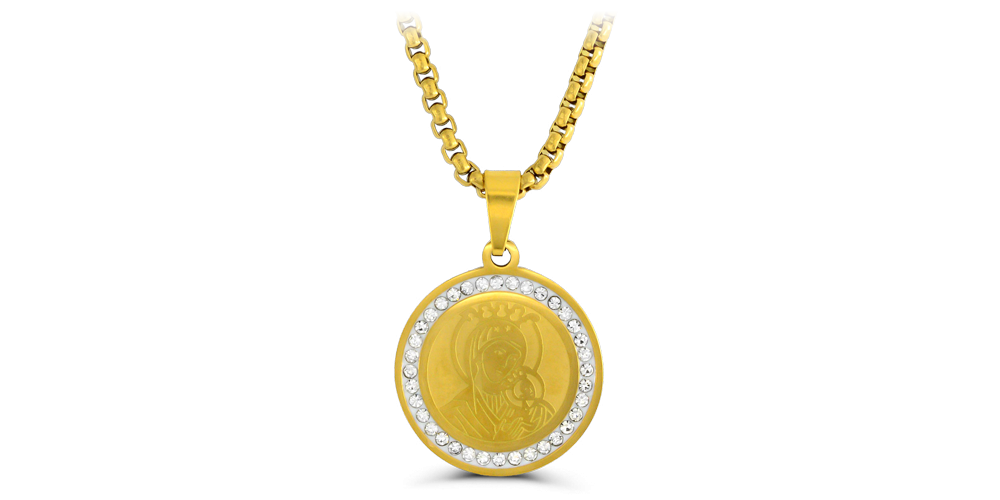 Panna Mária s dieťaťom na pozlátenom prívesku s krištáľmi