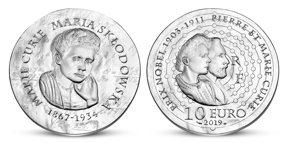 Strieborná minca s portrétom Marie Curie Sklodowské 