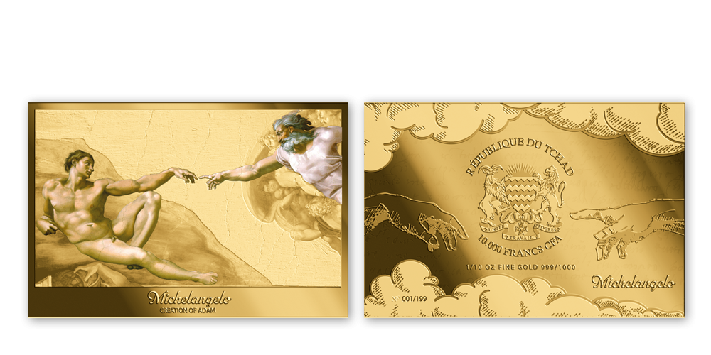 Michelangelo - Stvorenie Adama a zlatá minca z 1/10 oz