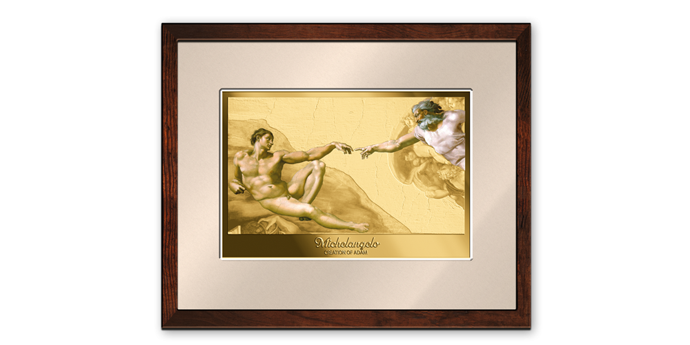 Michelangelo - Stvorenie Adama a zlatá minca z 1/10 oz