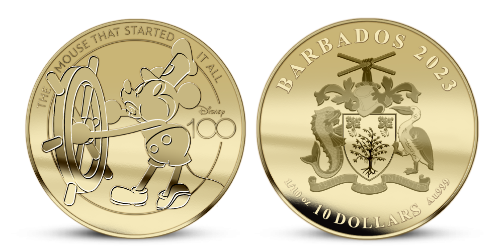 ickey Mouse na minci z 1/10 unce rýdzeho zlata
