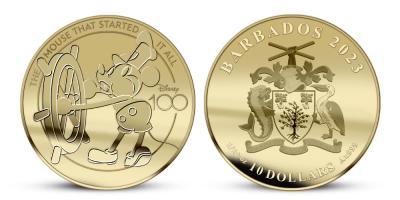 Mickey Mouse na minci z 1/10 unce rýdzeho zlata