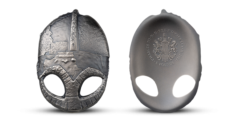 Minca v tvare vikingskej helmy Gjermundbu zo 3 uncí rýdzeho striebra Minca v tvare vikingskej helmy Gjermundbu zo 3 uncí rýdzeho striebra