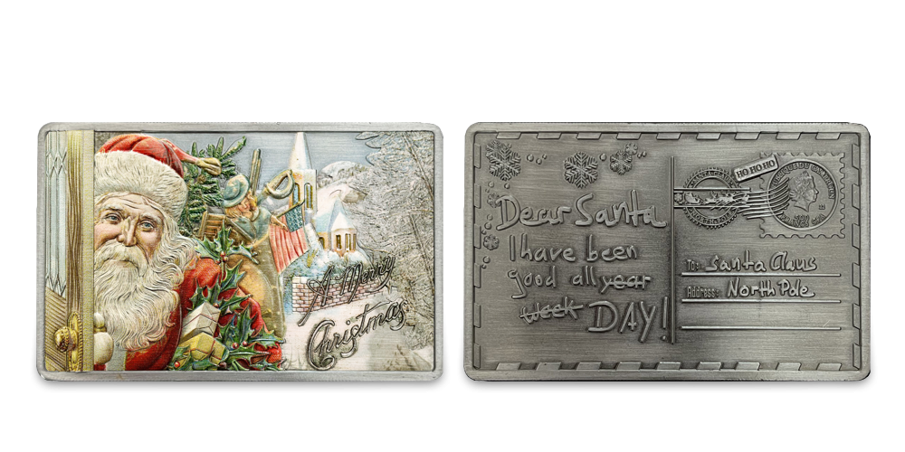 Santova vianočná minca v tvare pohľadnice zušľachtená rýdzim striebrom