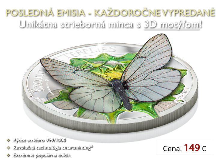 Unikátna strieborná minca s 3D motýľom