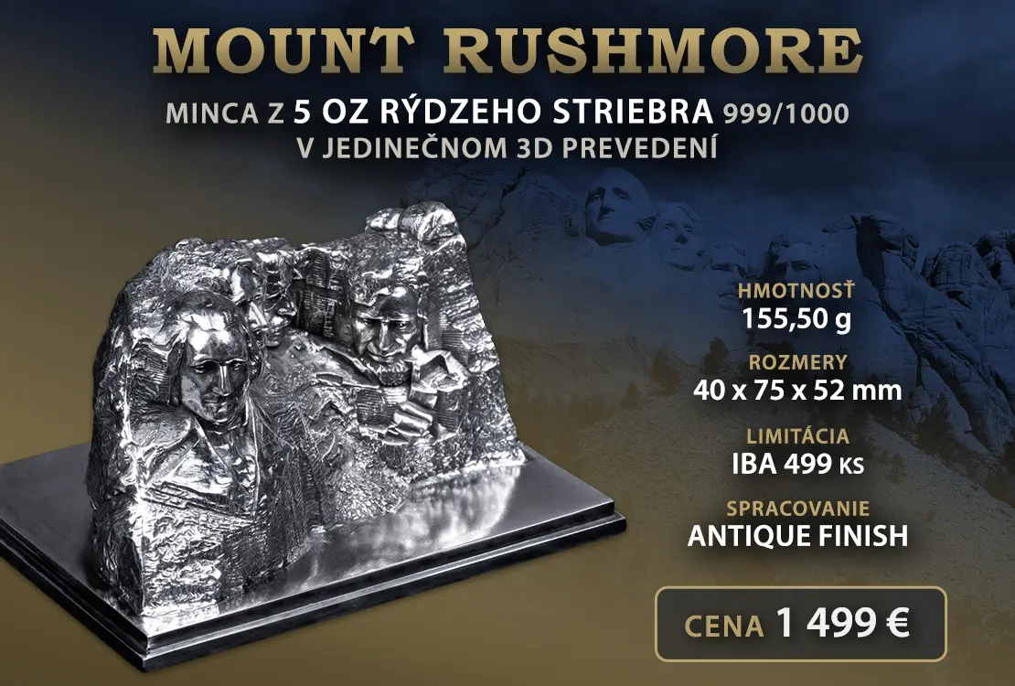 Strieborn&aacute; minca Mount Rushmore s priestorov&yacute;m reli&eacute;fom prezidentov