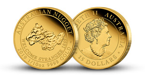 Austrálsky zlatý nuget na minci z rýdzeho zlata