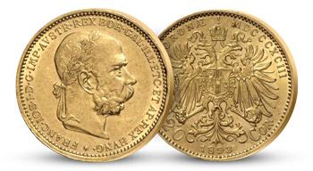 Historický originál jedinej zlatej dvadsaťkoruny Františka Jozefa I. s vavrínovým vencom