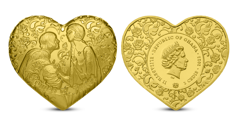 Rómeo a Júlia minca v tvare srdca zušľachtená rýdzim zlatom 999/1000