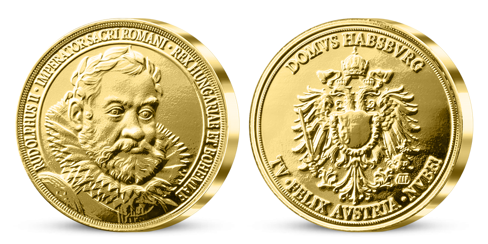 Český kráľ Rudolf II. na pamätnej medaile zušľachtenej rýdzim zlatom Český kráľ Rudolf II. na pamätnej medaile zušľachtenej rýdzim zlatom